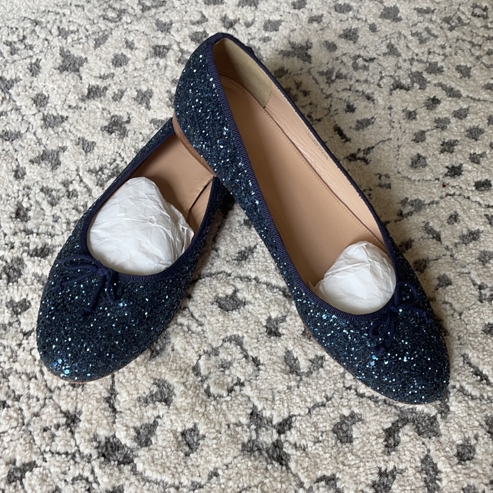 J Crew Kiki Chunky Glitter Navy Flats Size 10